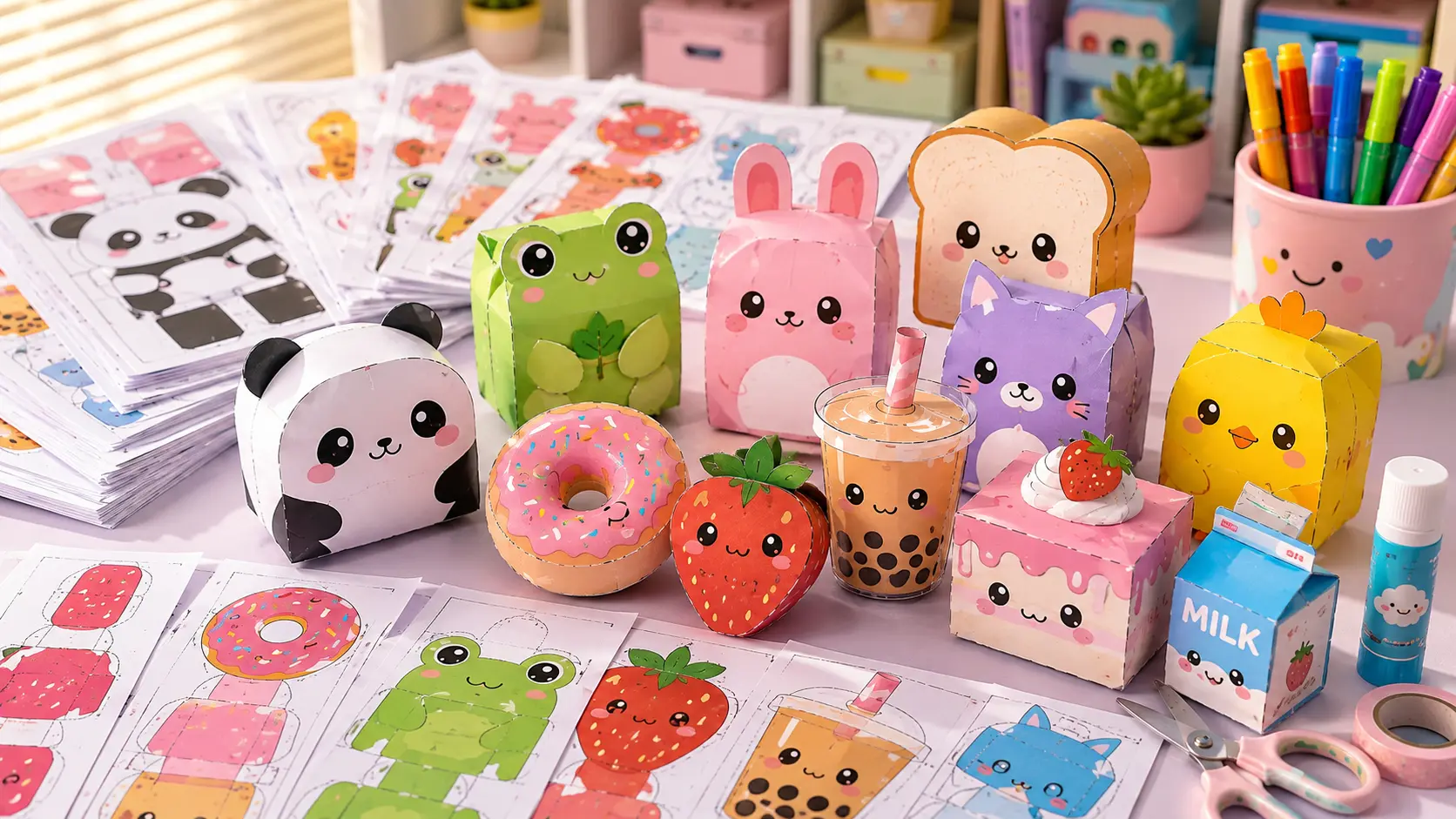 Paper Squishies de papel montados: ursinho, hambúrguer, sorvete e bichinhos fofos