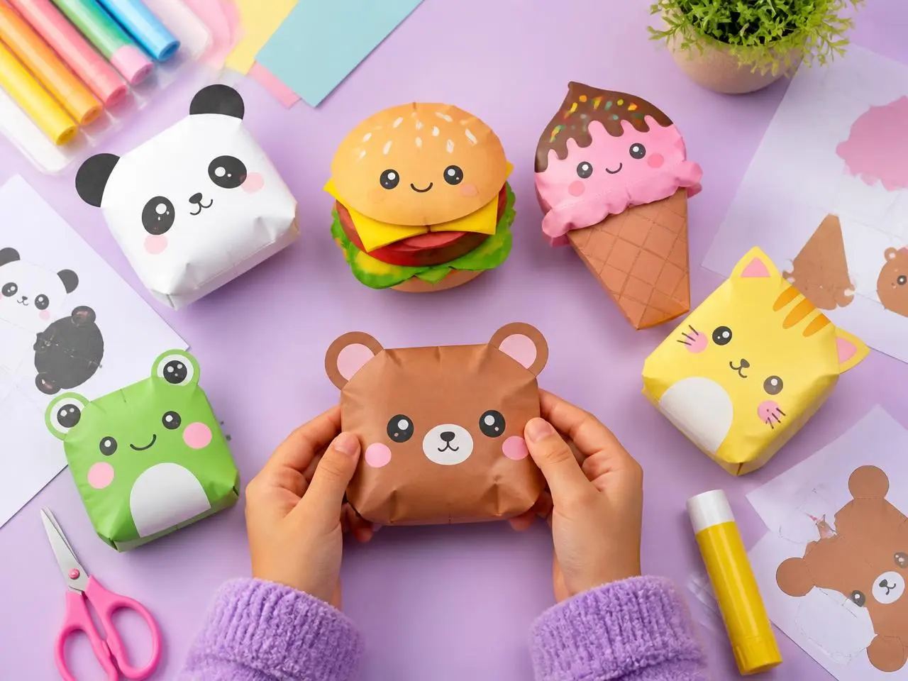 Paper Squishies fofos e coloridos: ursinho, panda, hambúrguer, sorvete e gatinho para brincar